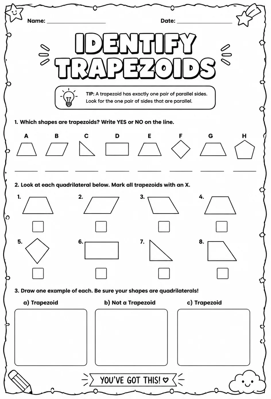 Identify trapezoids — free printable Grade 6 math worksheet