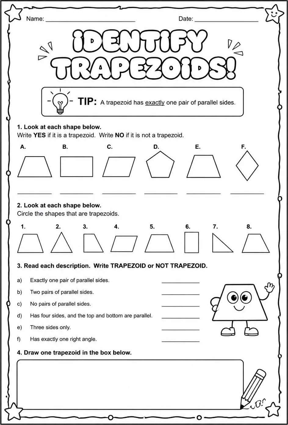 Identify trapezoids — free printable Grade 7 math worksheet