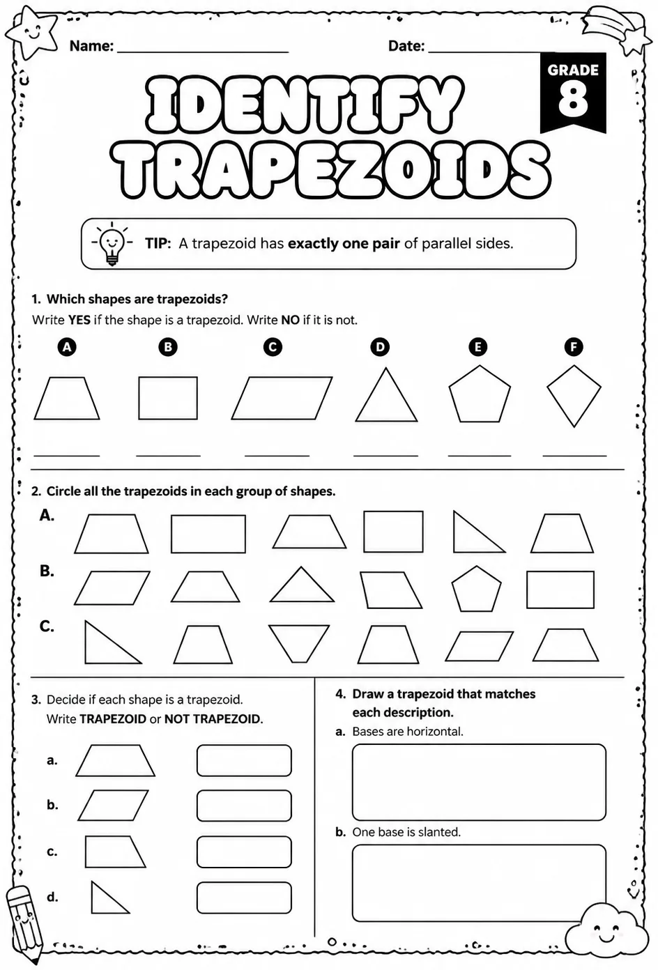 Identify trapezoids — free printable Grade 8 math worksheet