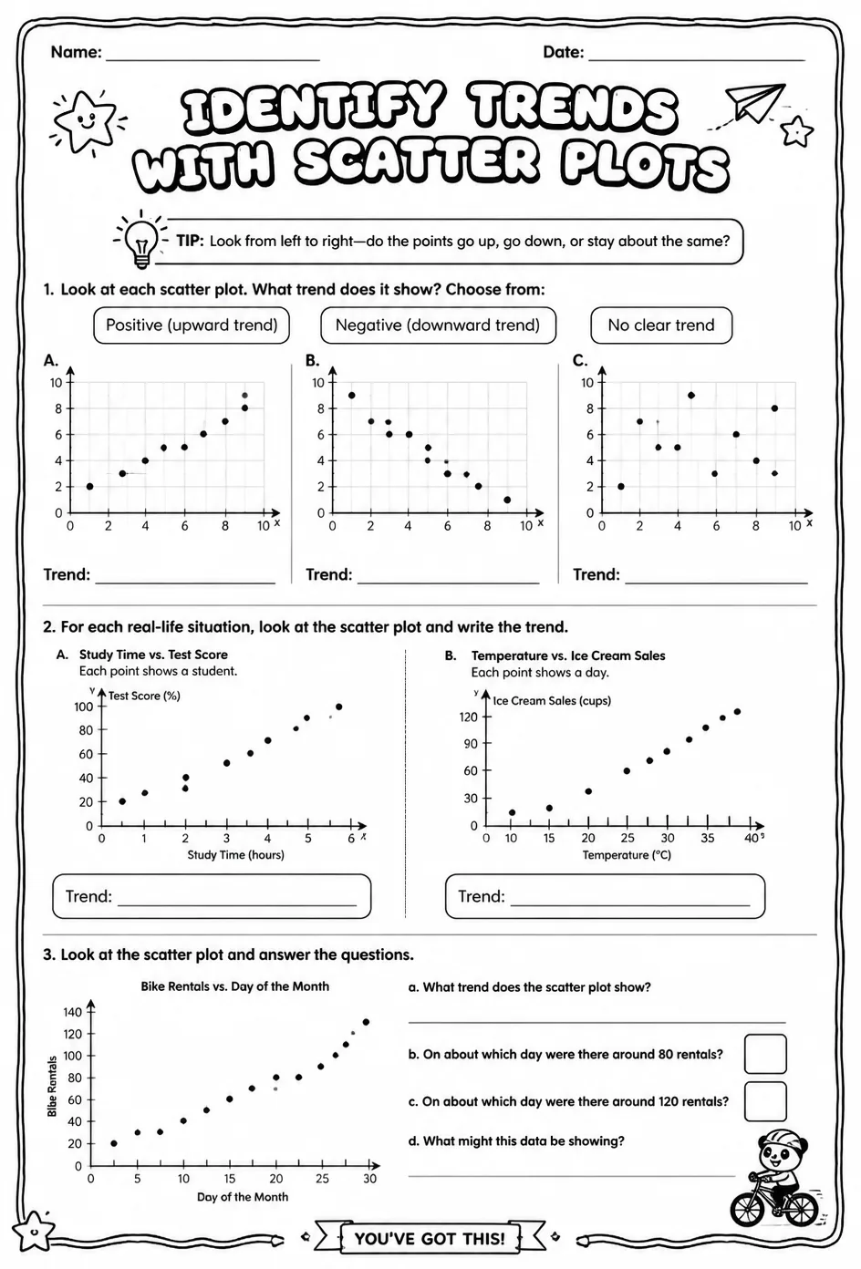 Identify trends with scatter plots — free printable Grade 8 math worksheet