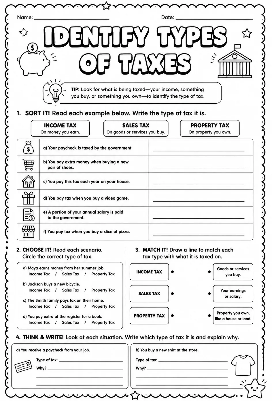 Identify types of taxes — free printable Grade 5 math worksheet