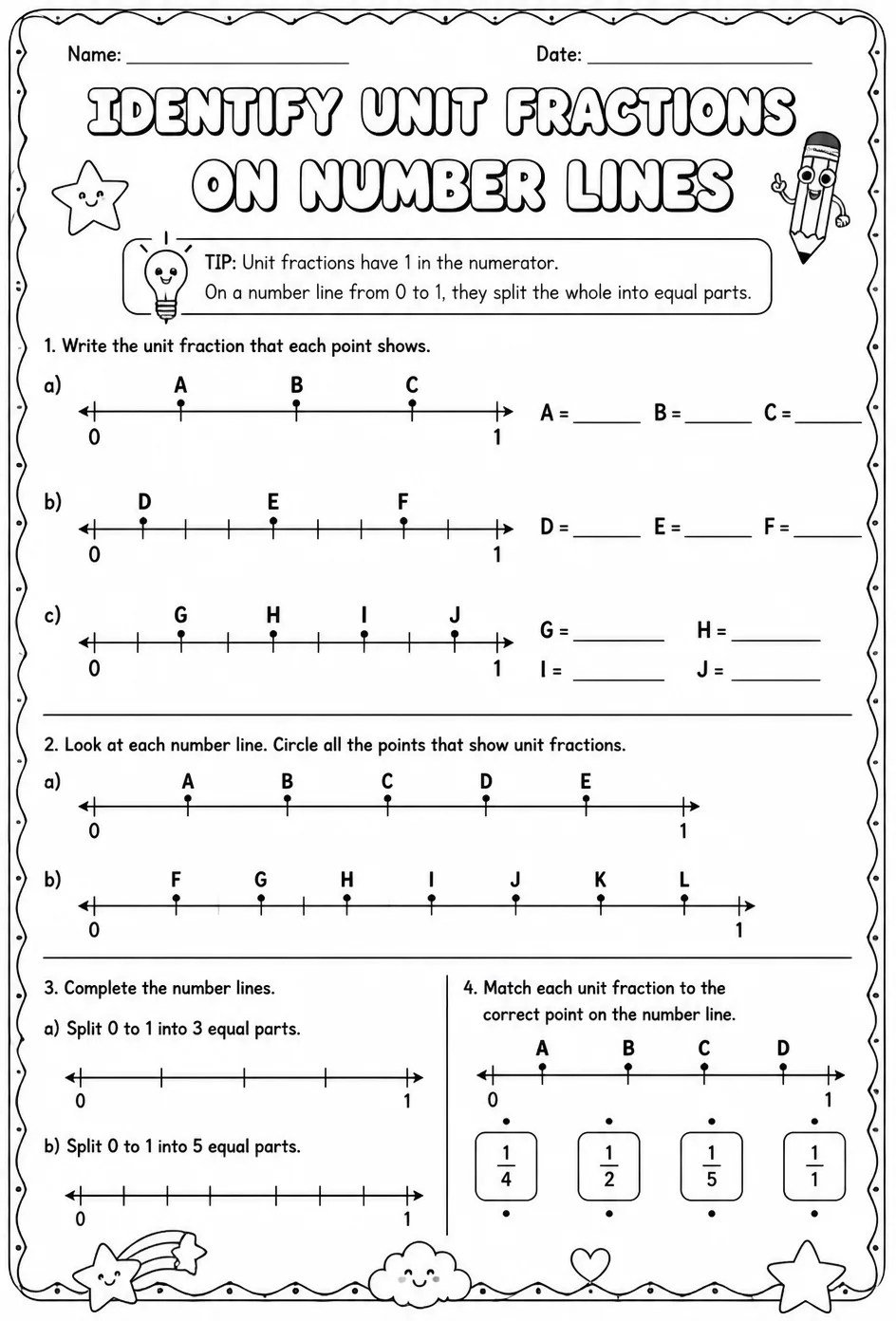Identify unit fractions on number lines — free printable Grade 3 math worksheet
