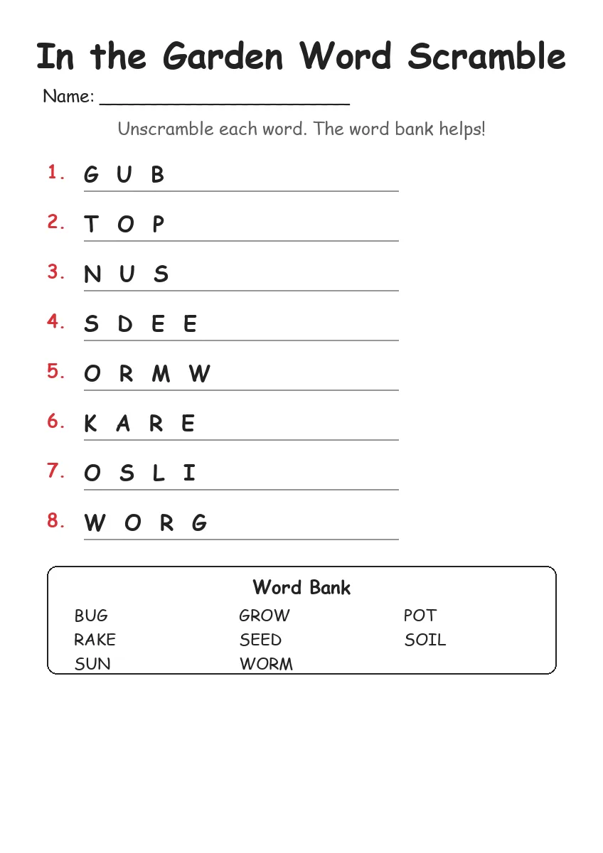 In the Garden word scramble worksheet for Grade 1