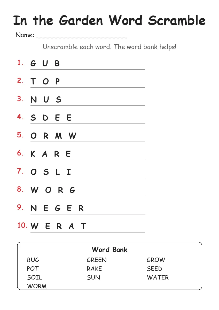 In the Garden word scramble worksheet for Grade 3