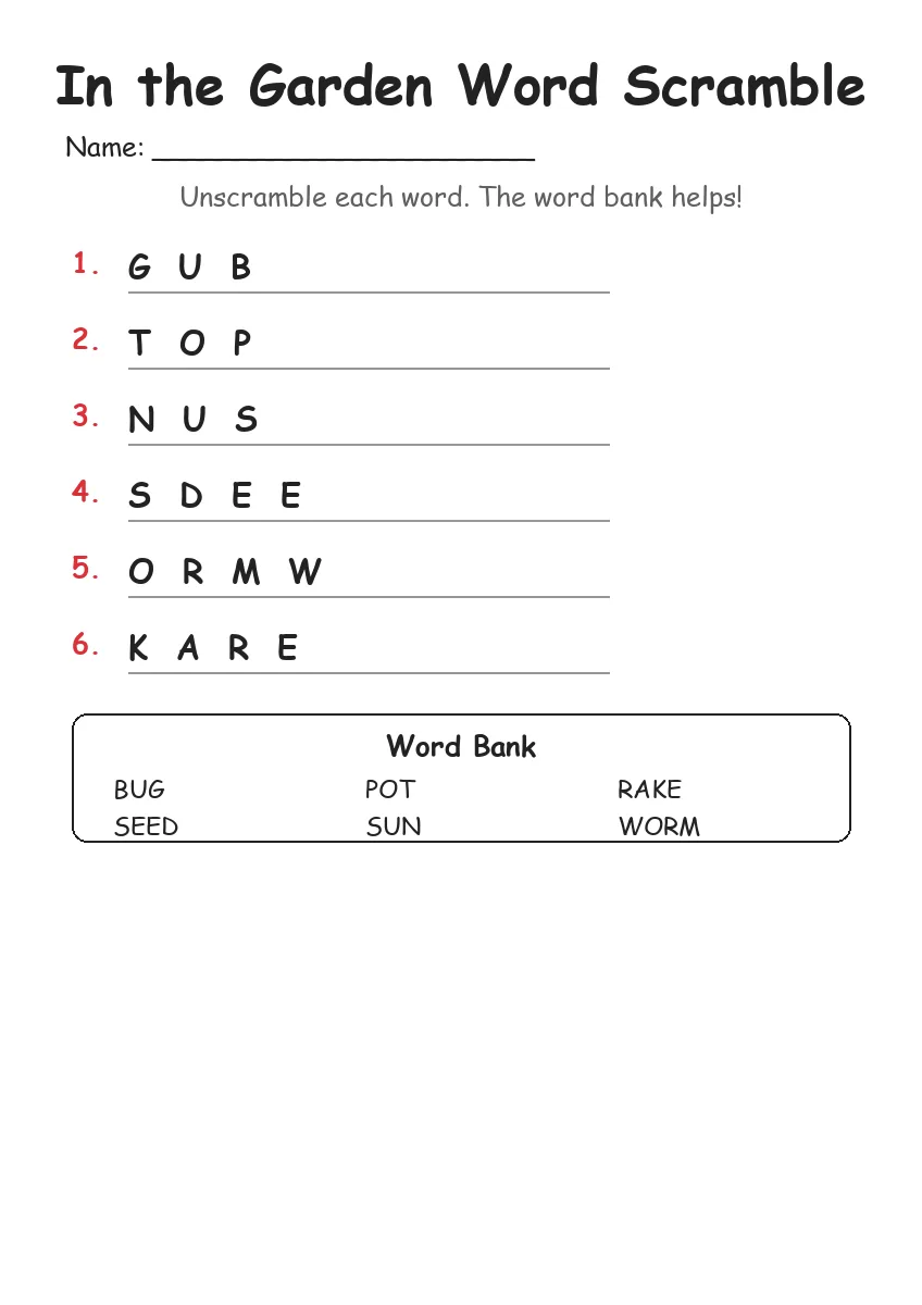 In the Garden word scramble worksheet for Kindergarten