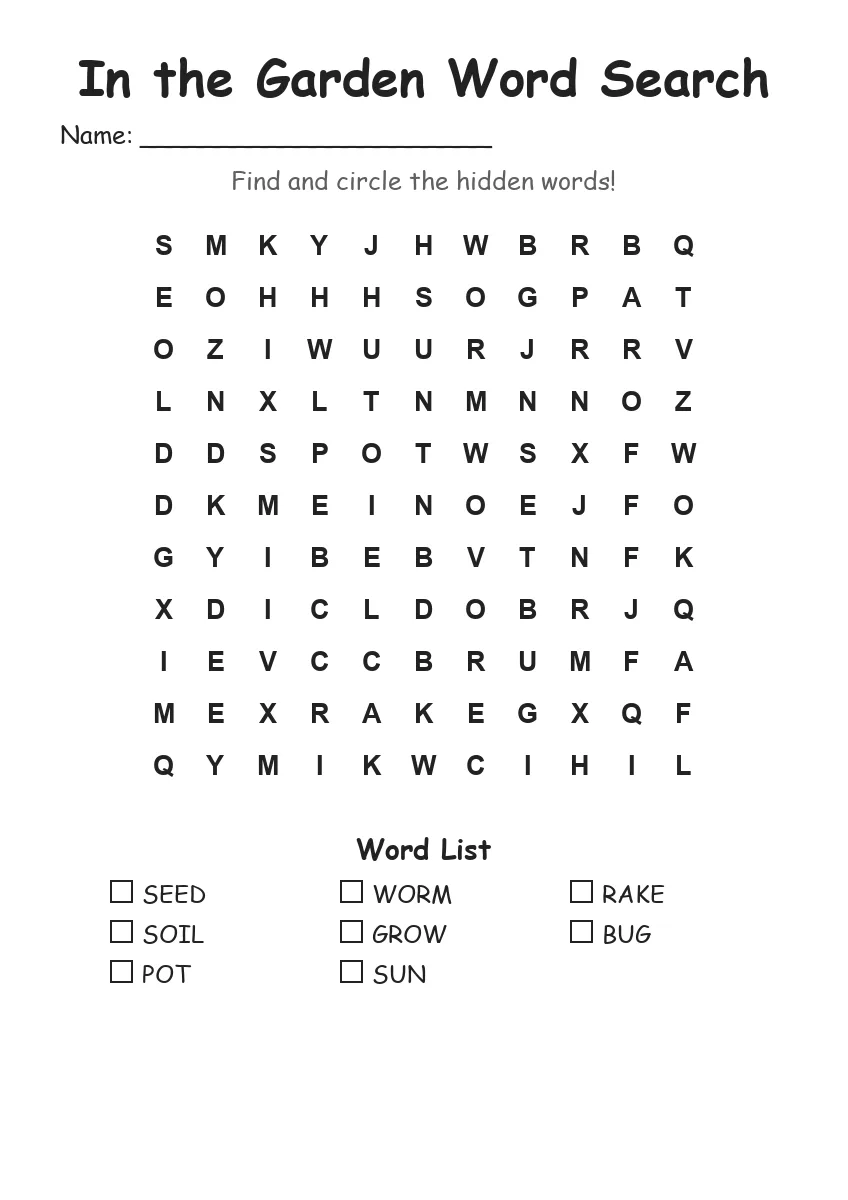 In the Garden word search worksheet for Grade 1
