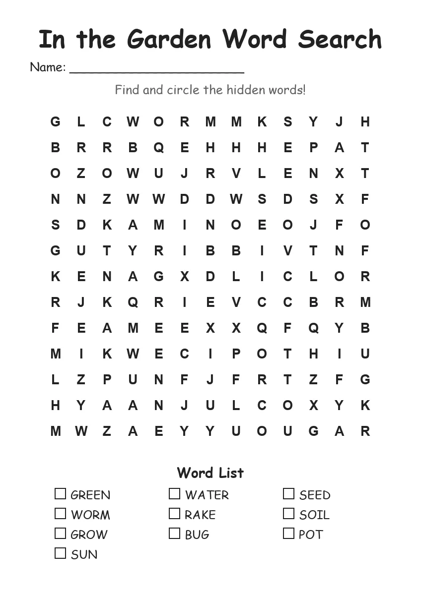 In the Garden word search worksheet for Grade 2
