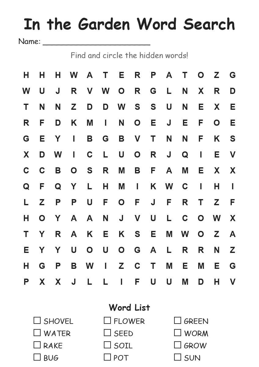In the Garden word search worksheet for Grade 3