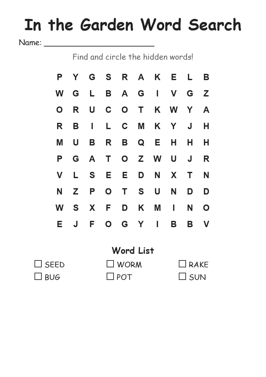 In the Garden word search worksheet for Kindergarten