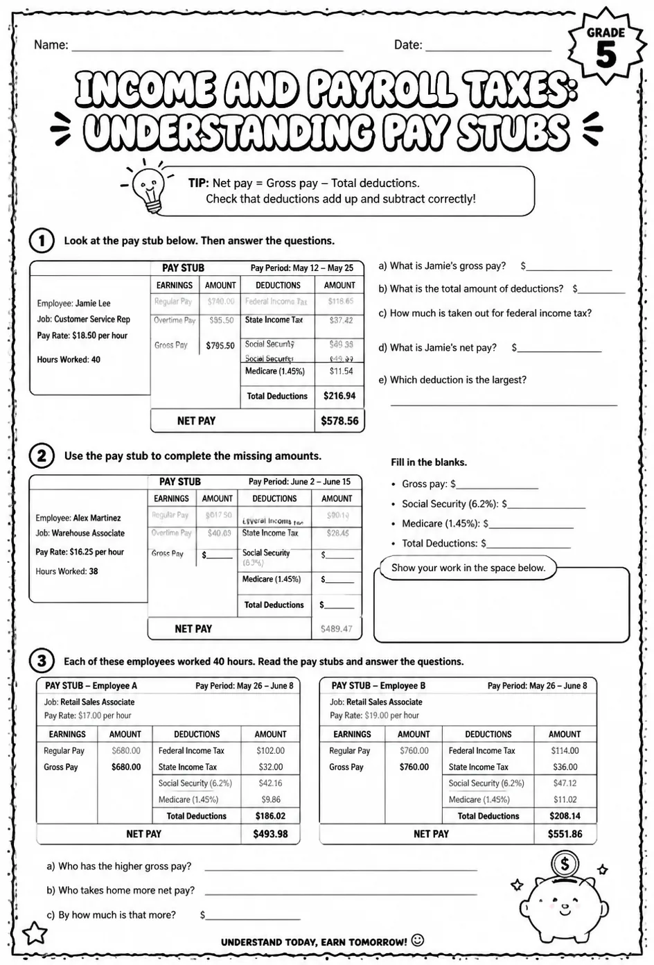 Income and payroll taxes: understanding pay stubs — free printable Grade 5 math worksheet