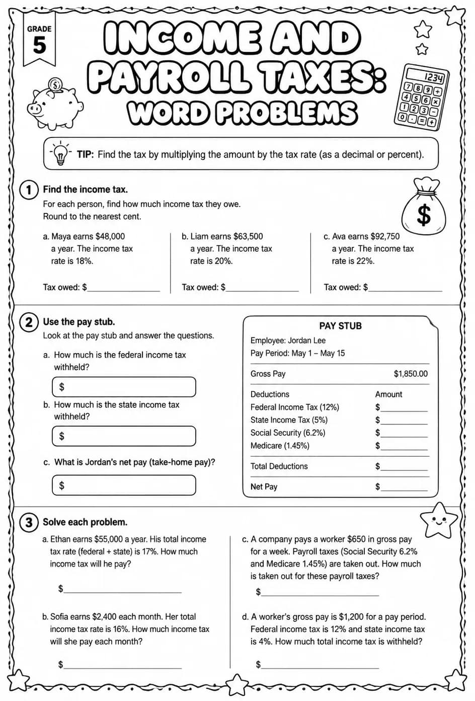 Income and payroll taxes: word problems — free printable Grade 5 math worksheet