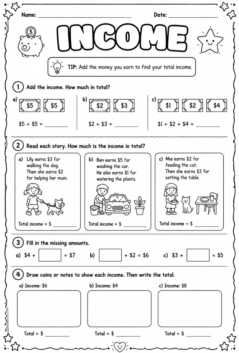 Income — free printable Grade 1 math worksheet
