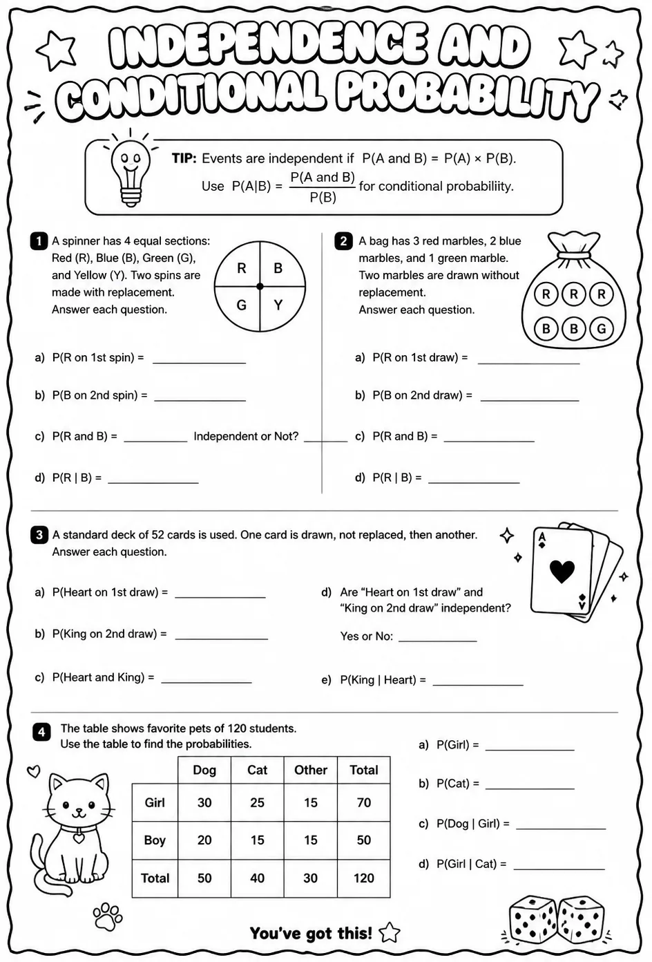 Independence and conditional probability — free printable Algebra 2 math worksheet