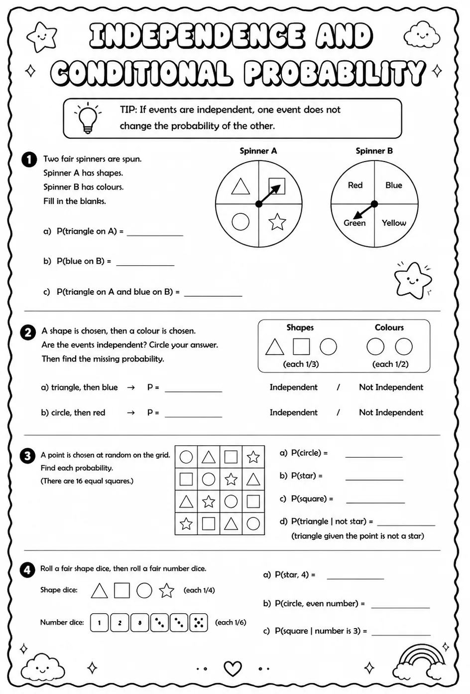 Independence and conditional probability — free printable Geometry math worksheet