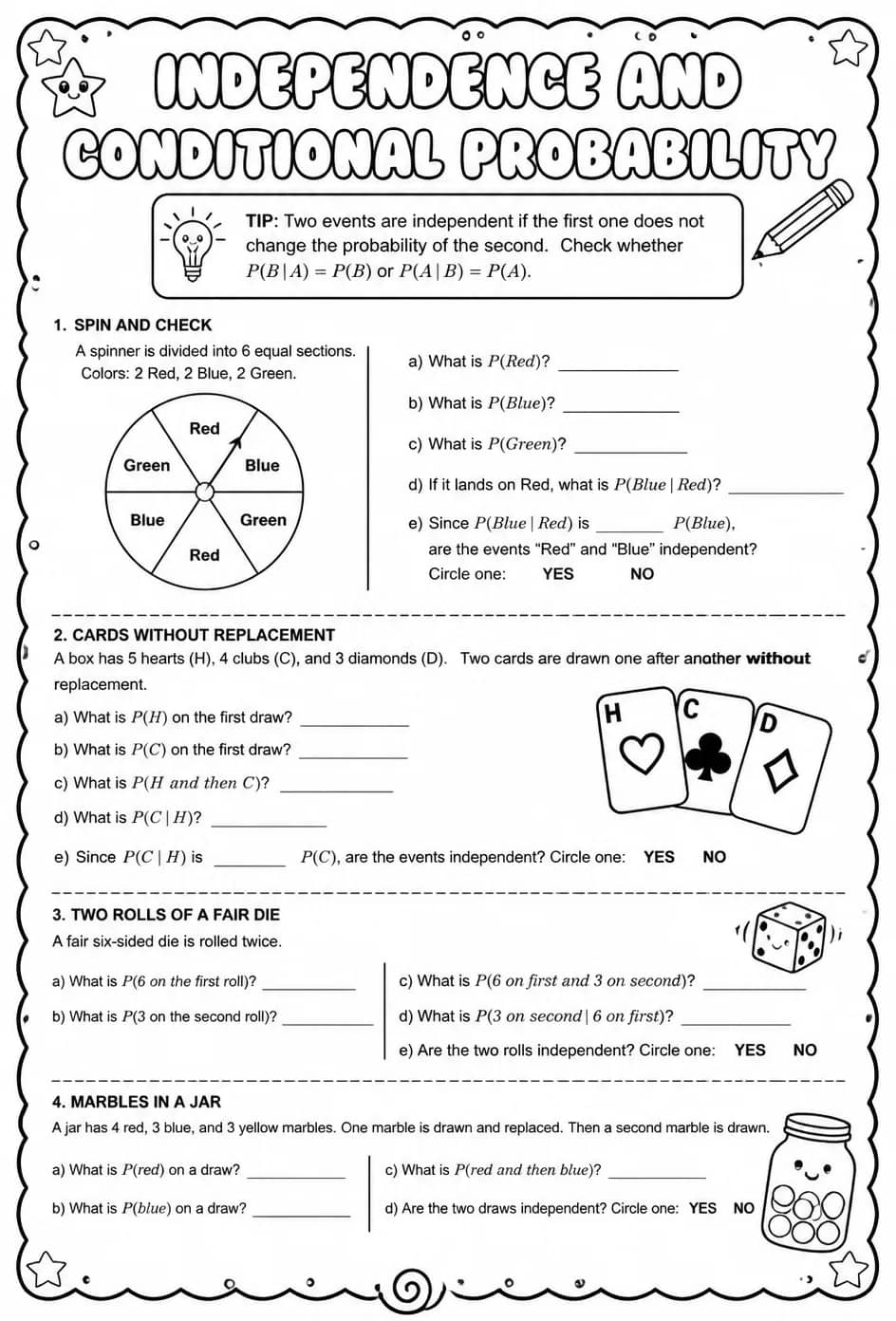 Independence and conditional probability — free printable Precalculus math worksheet