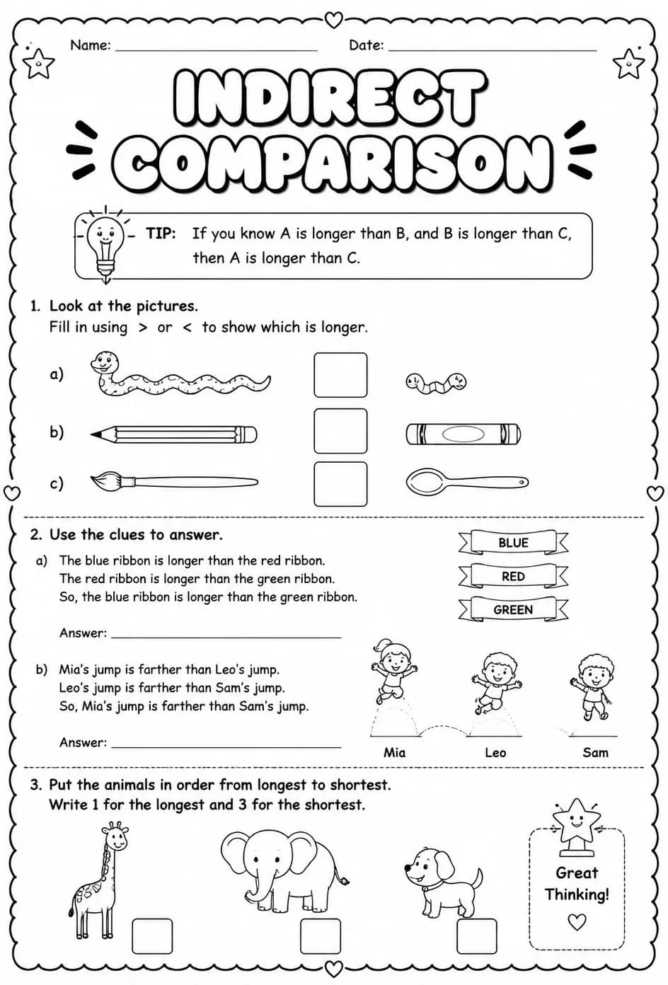 Indirect comparison — free printable Grade 1 math worksheet