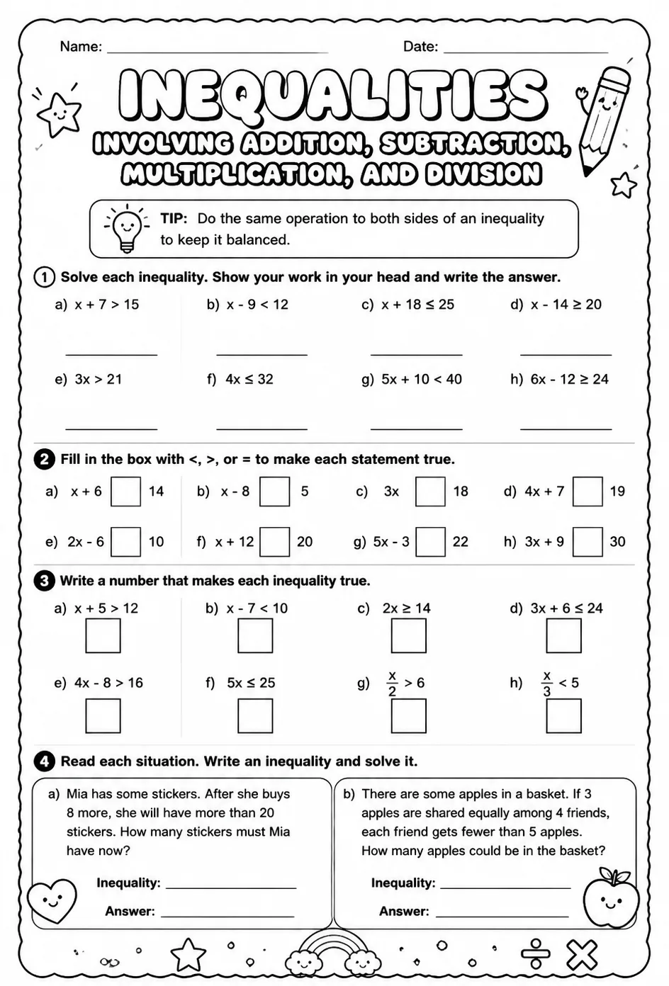 Inequalities involving addition, subtraction, multiplication, and division — free printable Grade 4 math worksheet
