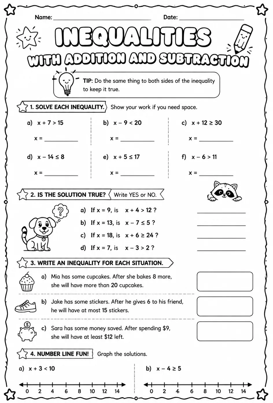 Inequalities with addition and subtraction — free printable Grade 4 math worksheet