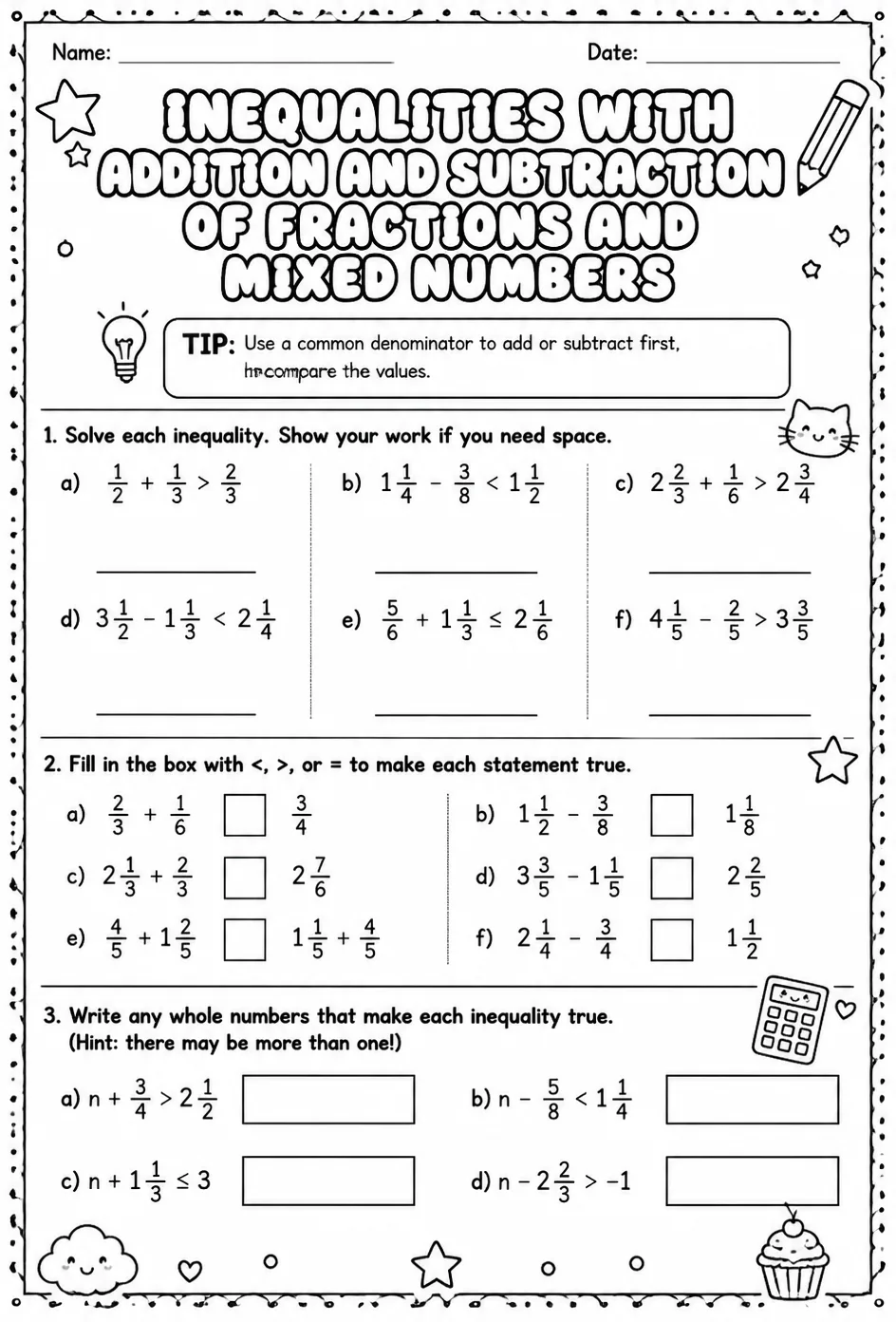 Inequalities with addition and subtraction of fractions and mixed numbers — free printable Grade 7 math worksheet