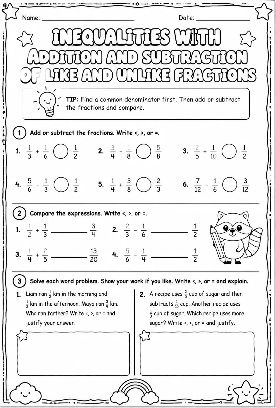 Inequalities with addition and subtraction of like and unlike fractions — free printable Grade 6 math worksheet