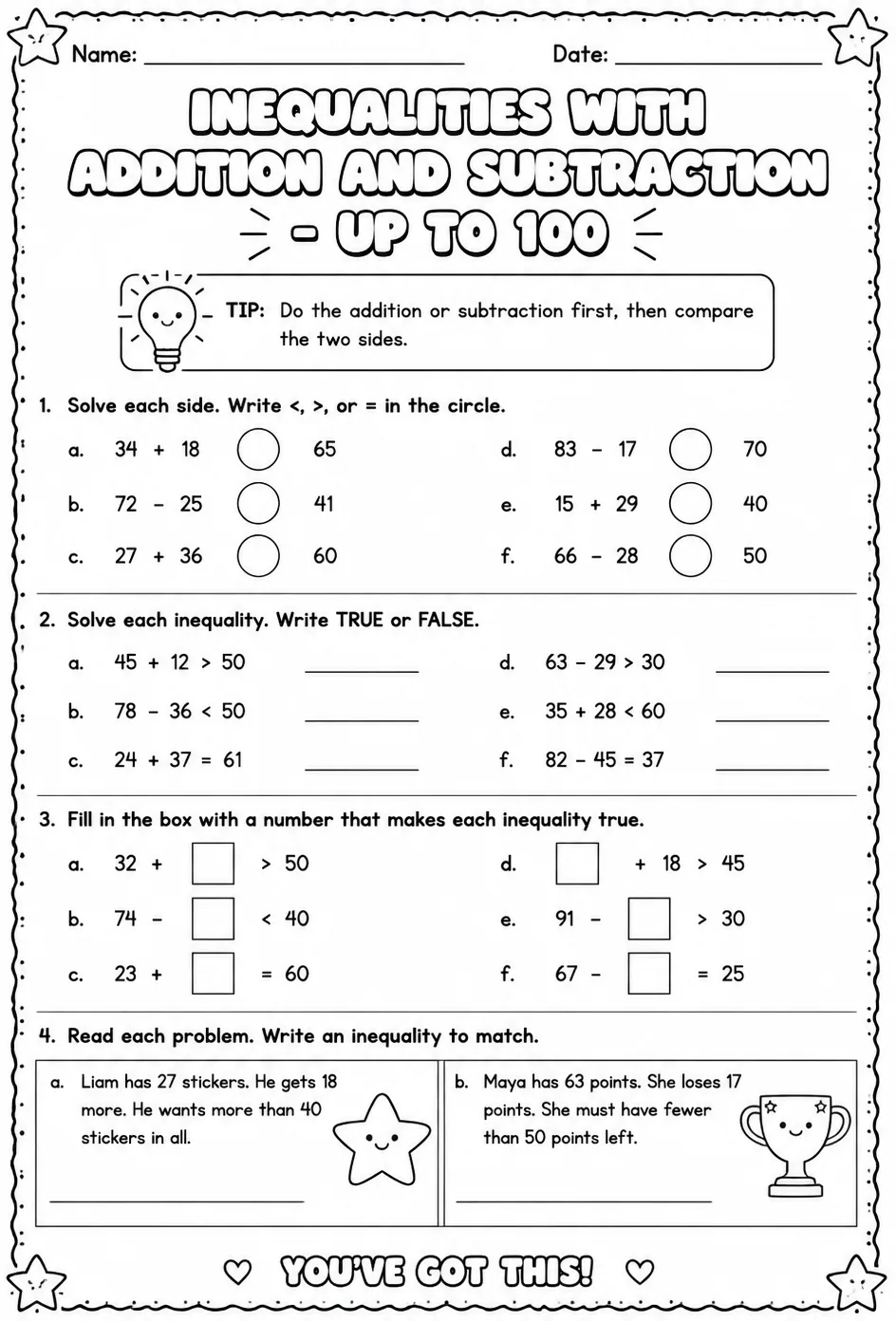 Inequalities with addition and subtraction - up to 100 — free printable Grade 2 math worksheet
