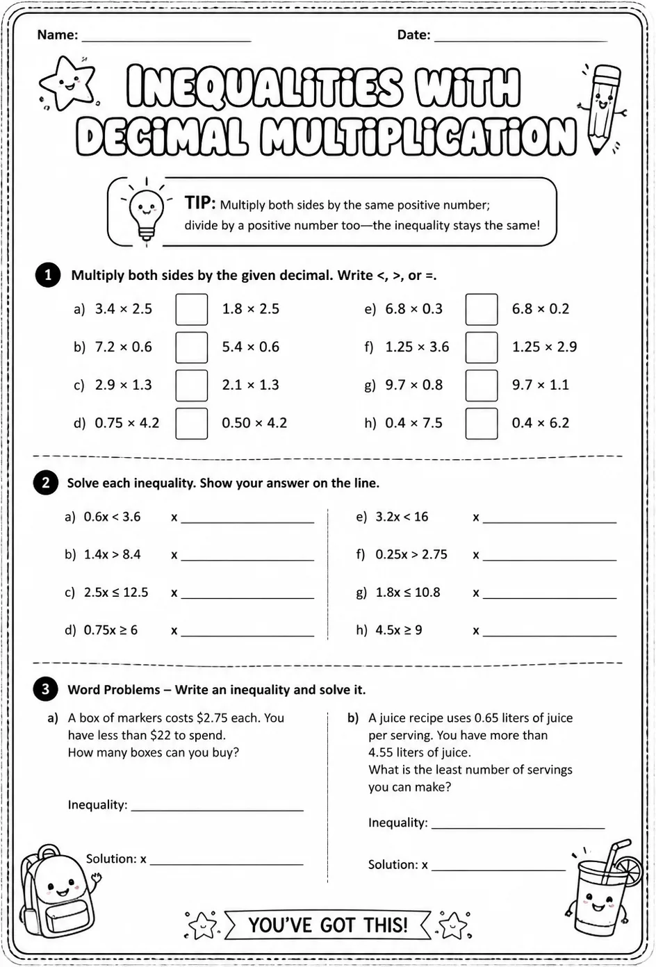 Inequalities with decimal multiplication — free printable Grade 6 math worksheet