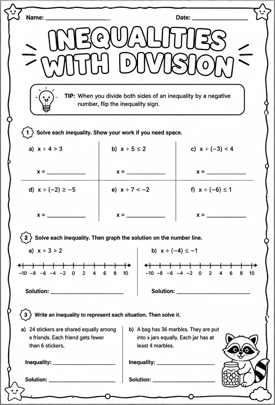 Inequalities with division — free printable Grade 4 math worksheet