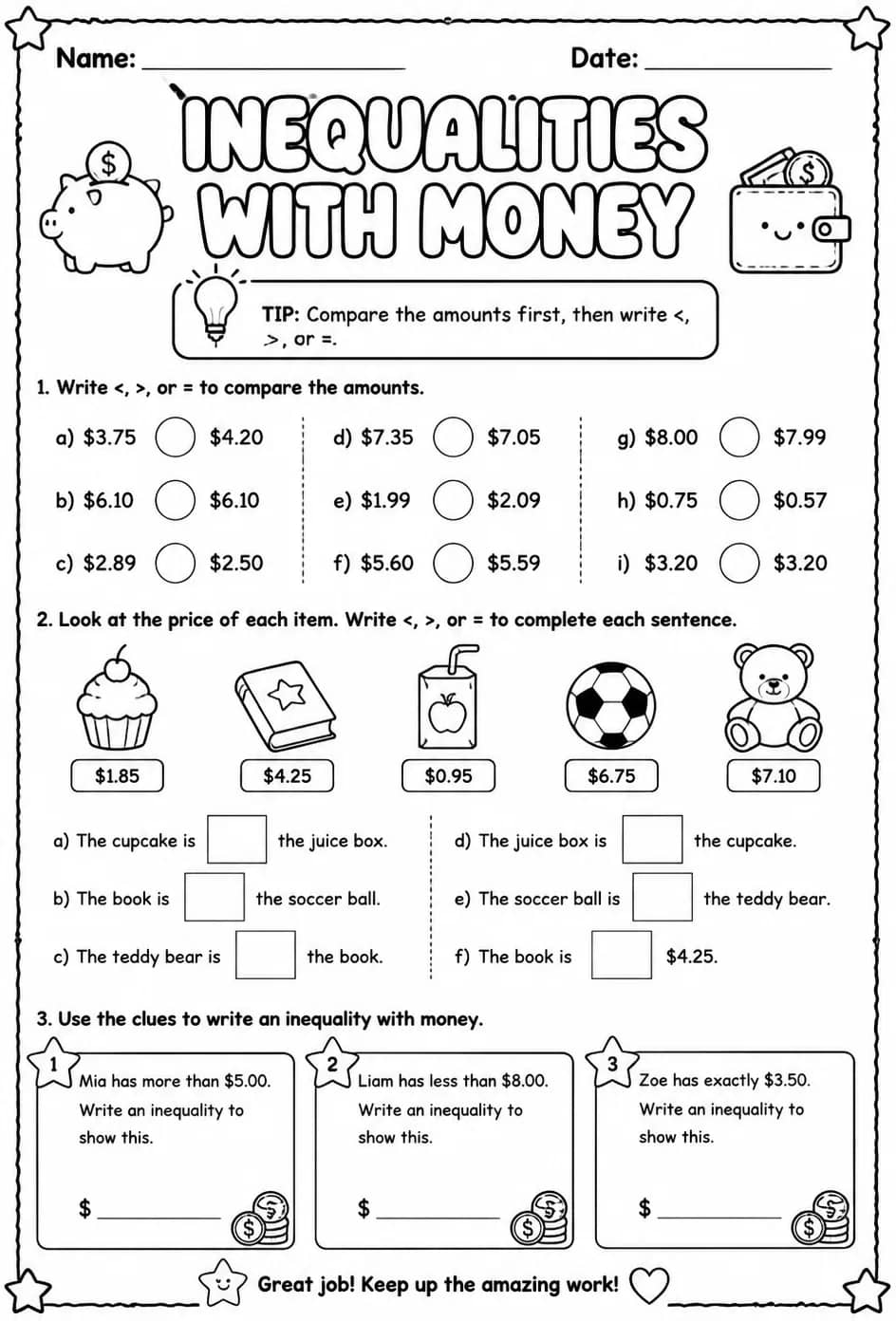Inequalities with money — free printable Grade 3 math worksheet