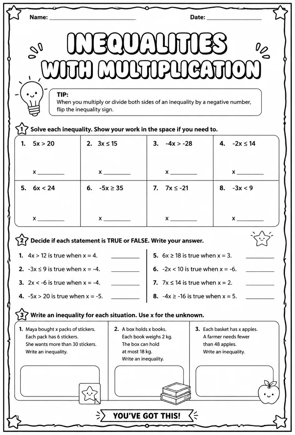 Inequalities with multiplication — free printable Grade 4 math worksheet