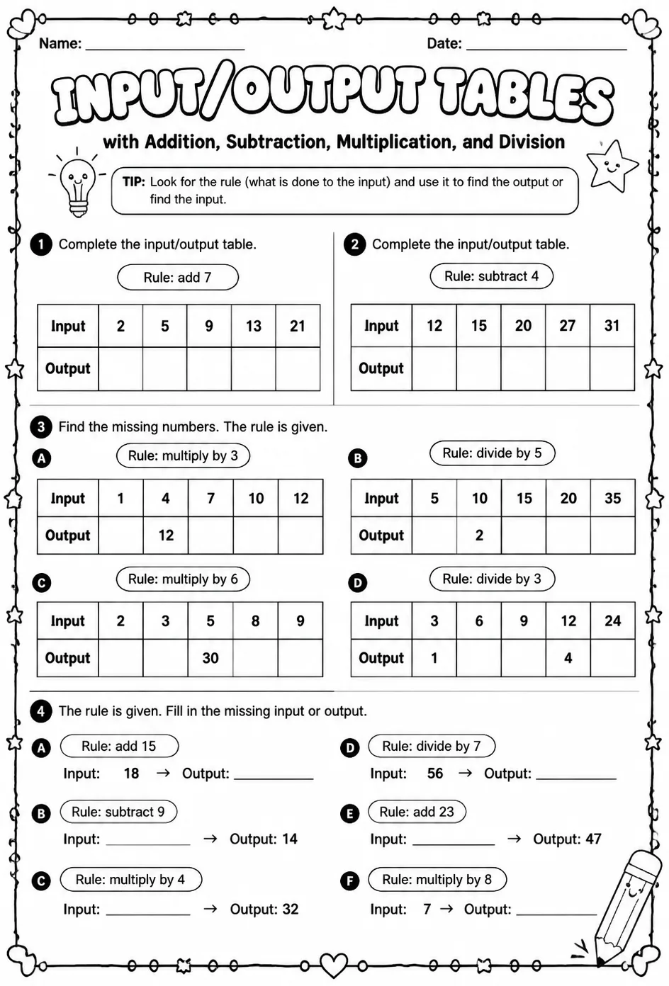 Input/output tables with addition, subtraction, multiplication, and division — free printable Grade 4 math worksheet