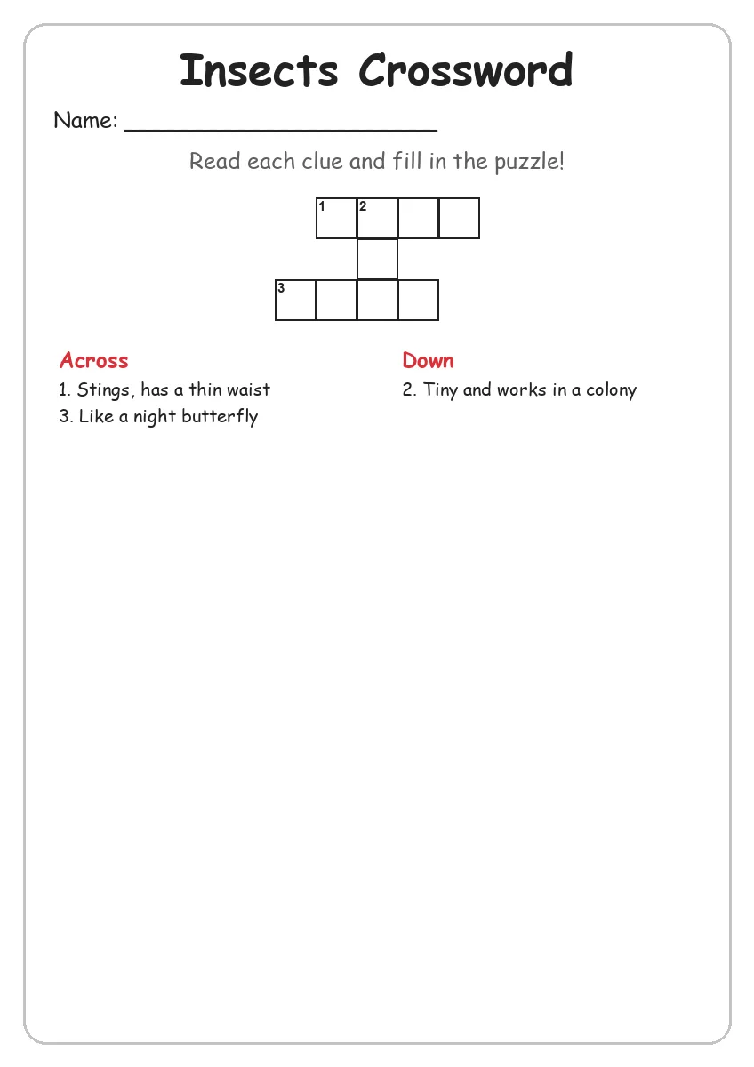 Insects crossword worksheet for Grade 1