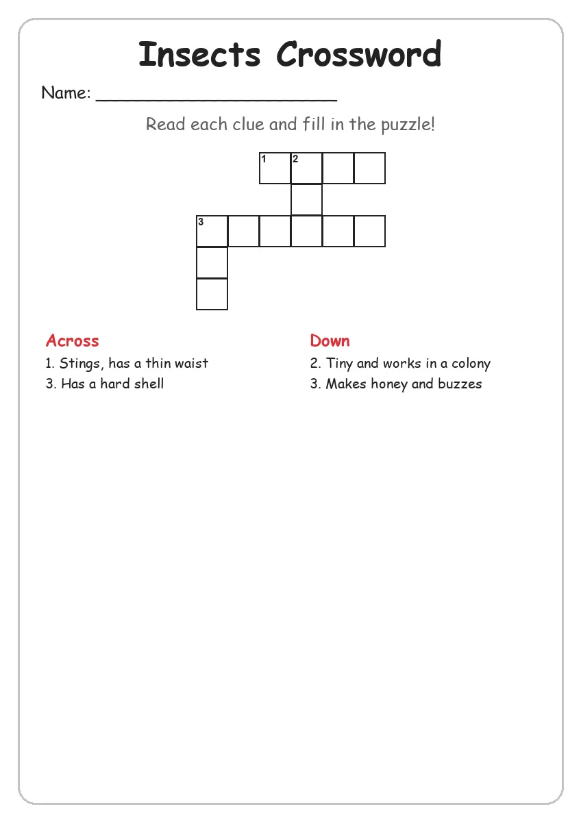 Insects crossword worksheet for Grade 2