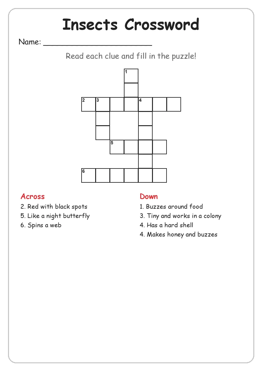 Insects crossword worksheet for Grade 3