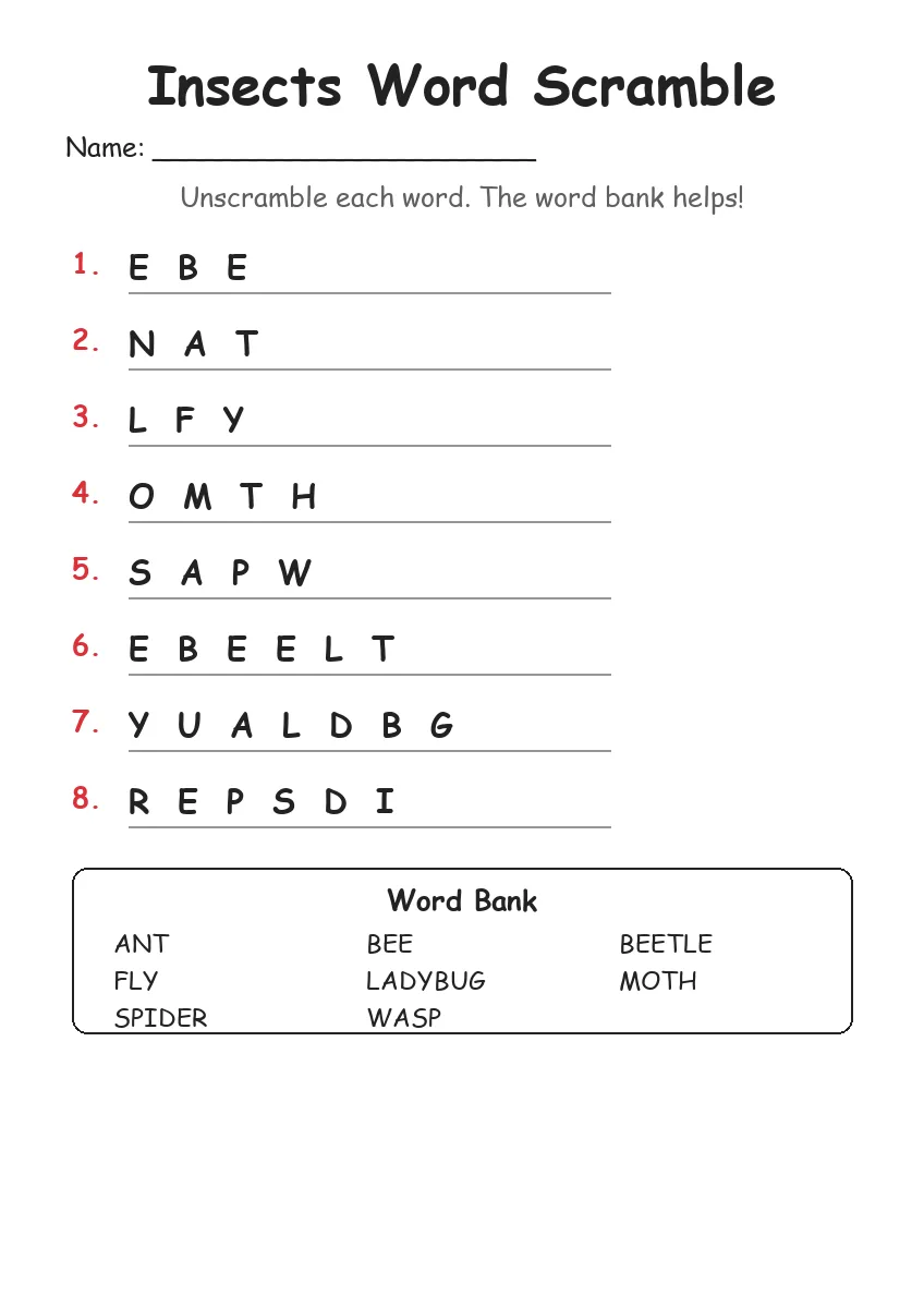 Insects word scramble worksheet for Grade 1