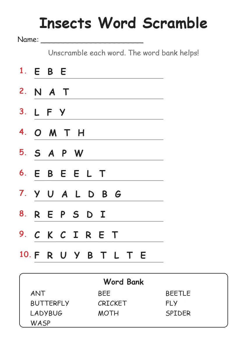 Insects word scramble worksheet for Grade 3