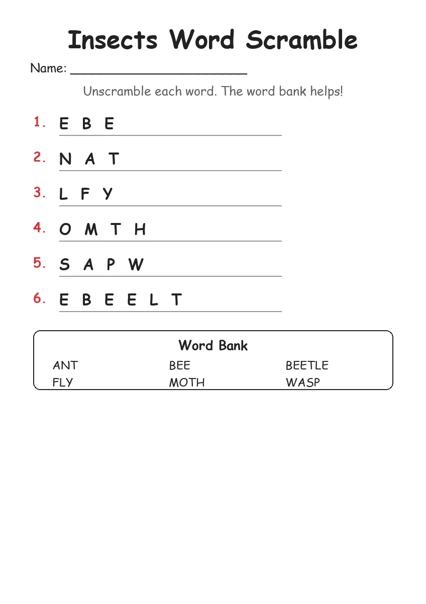 Insects word scramble worksheet for Kindergarten