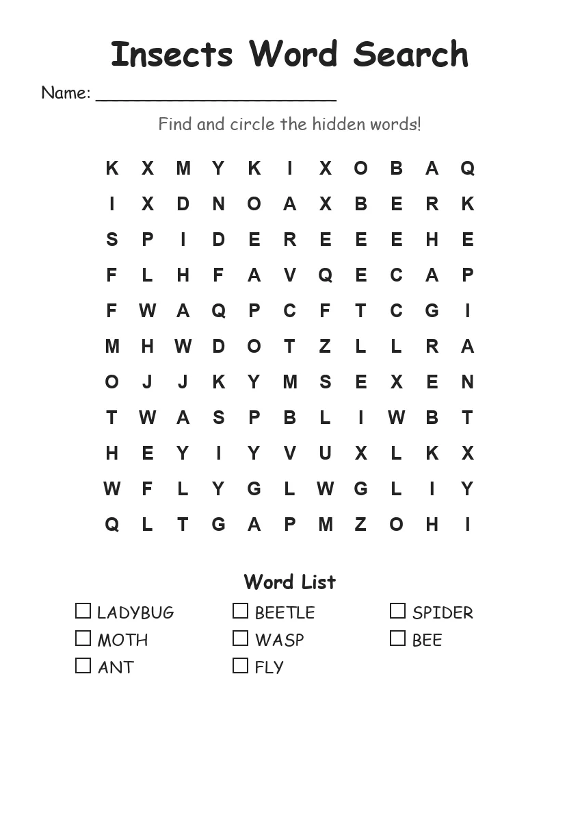 Insects word search worksheet for Grade 1