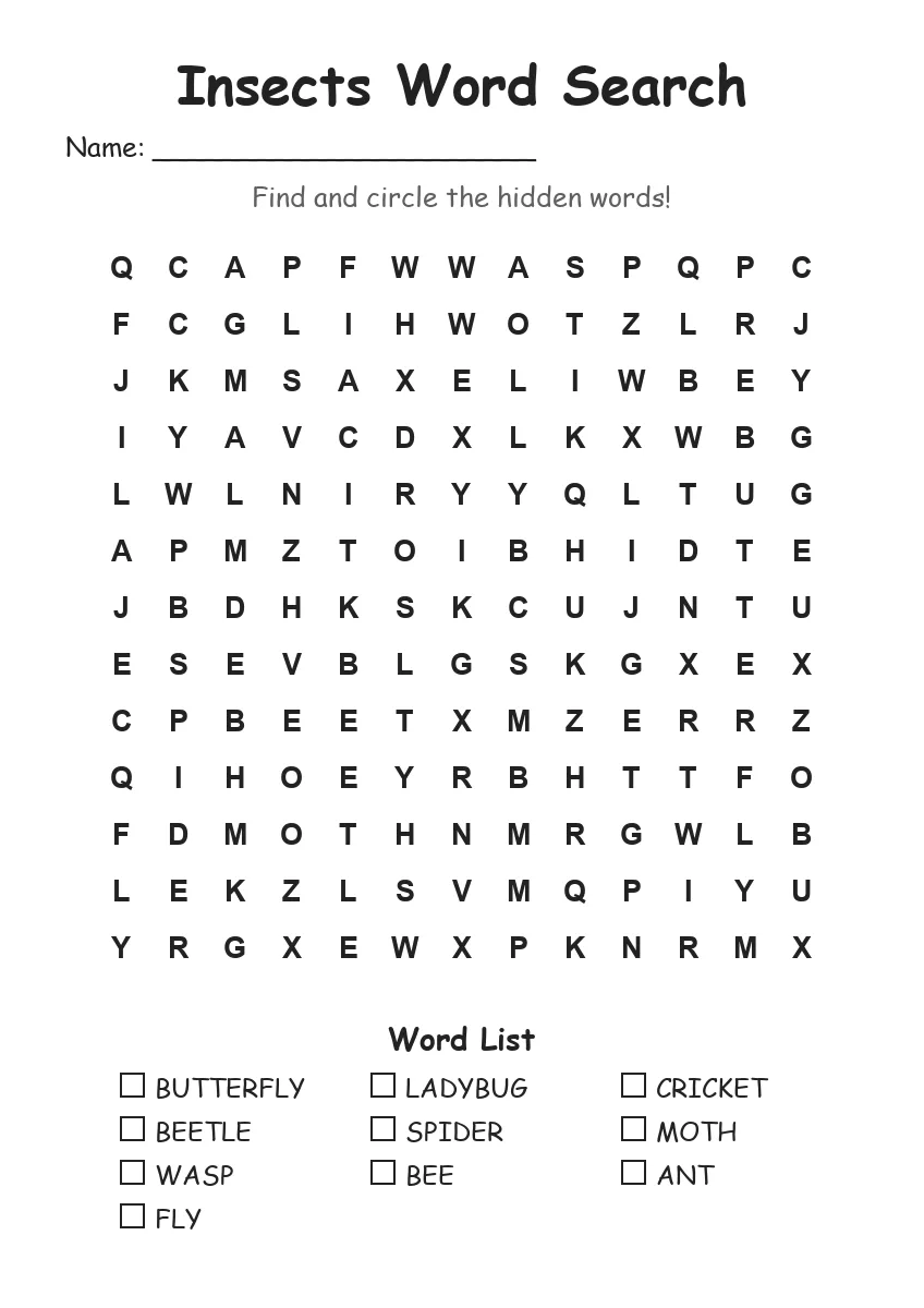 Insects word search worksheet for Grade 2