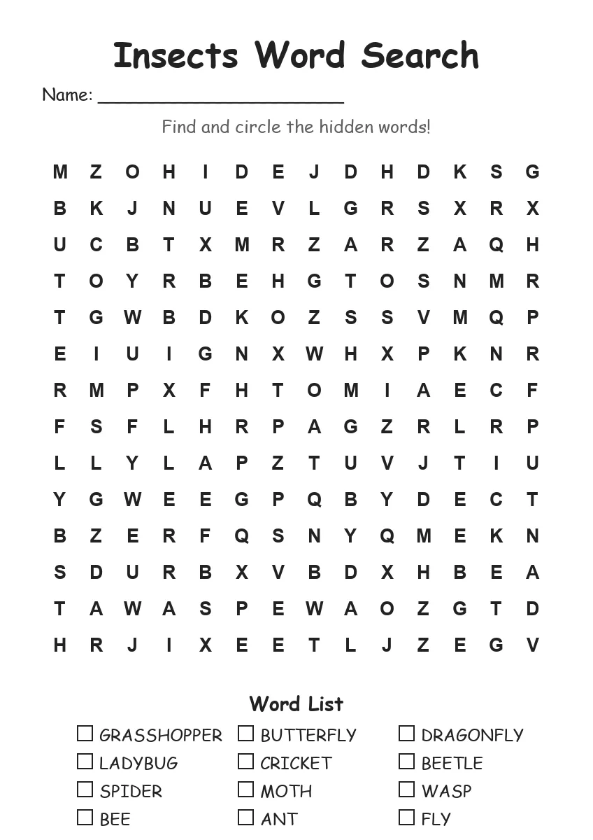 Insects word search worksheet for Grade 3