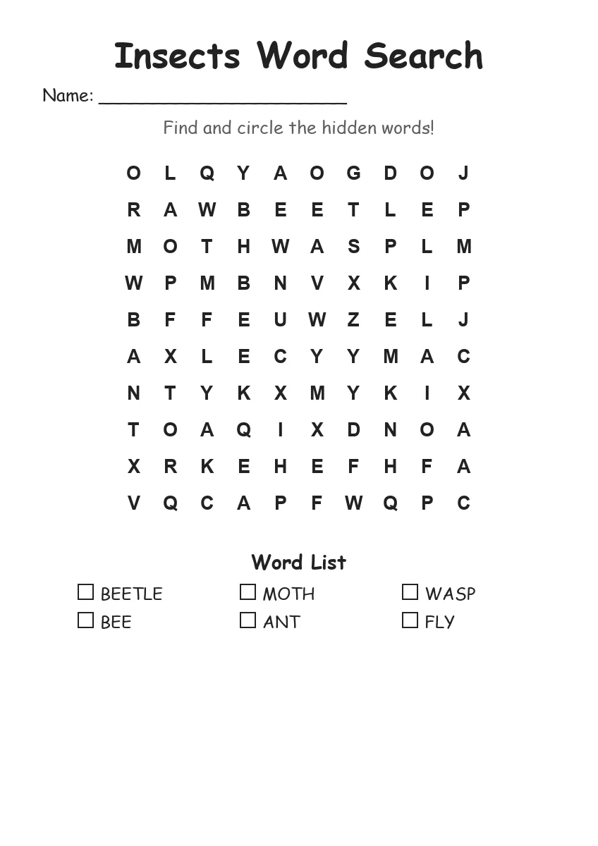 Insects word search worksheet for Kindergarten