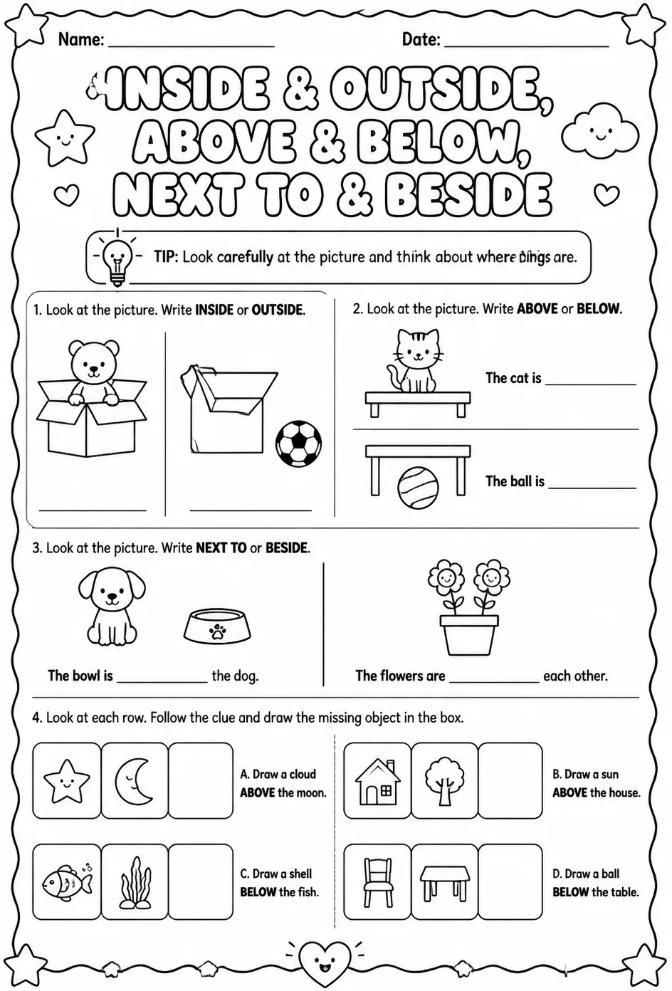 Inside and outside, above and below, next to and beside — free printable Kindergarten English & Reading worksheet