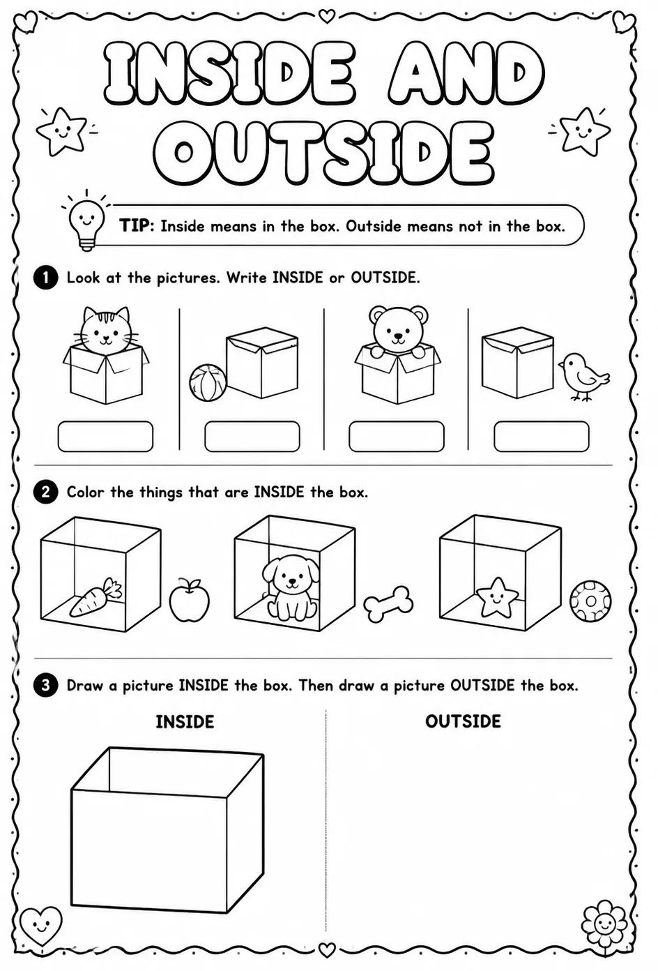 Inside and outside — free printable Pre-K English & Reading worksheet