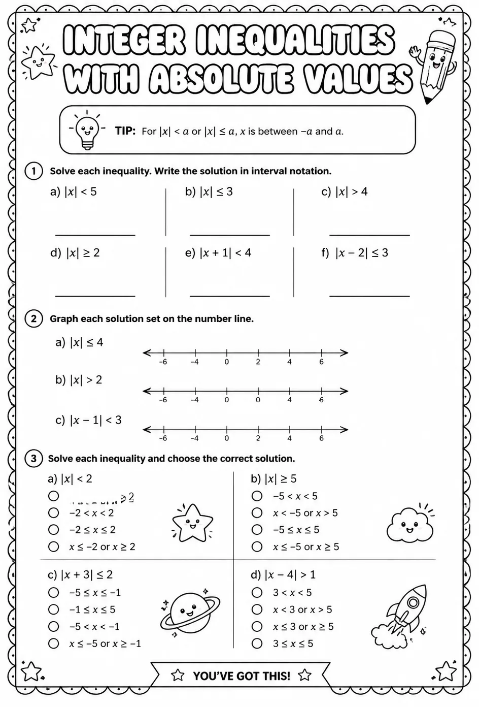 Integer inequalities with absolute values — free printable Grade 6 math worksheet