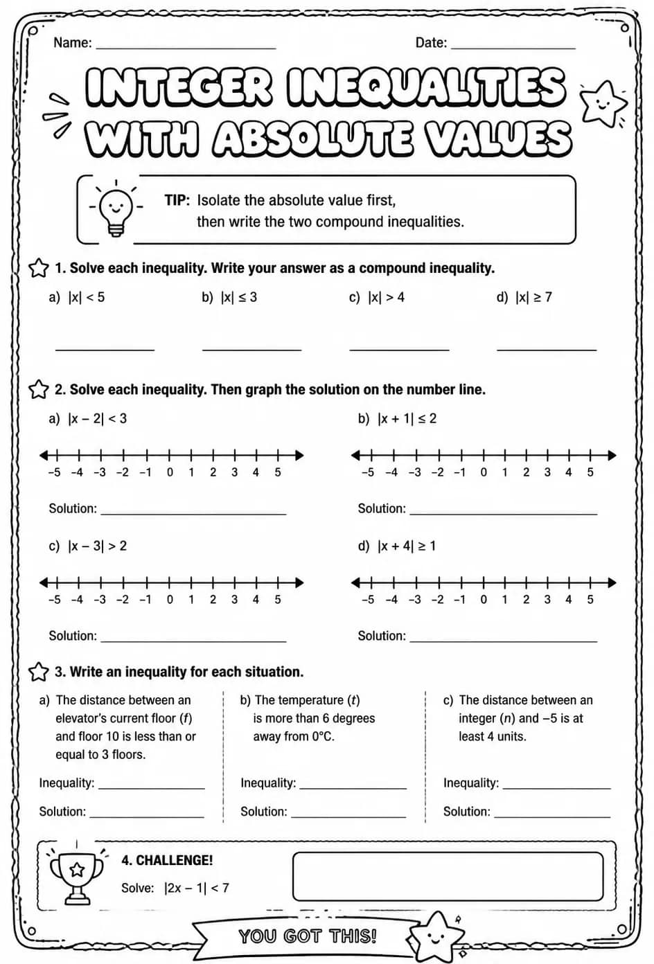 Integer inequalities with absolute values — free printable Grade 7 math worksheet
