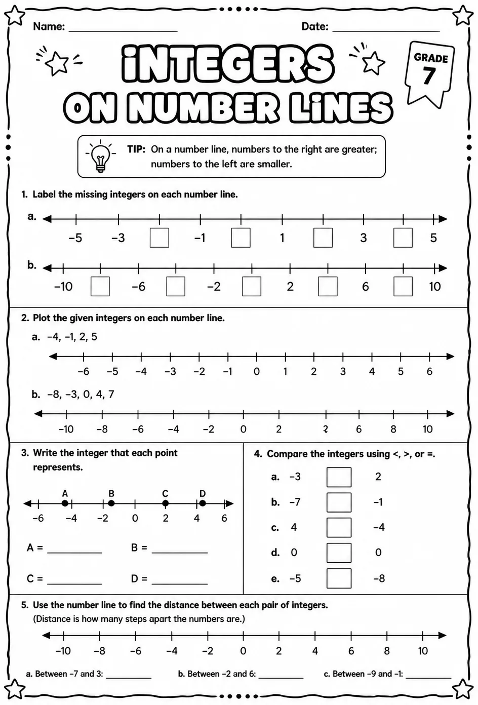 Integers on number lines — free printable Grade 7 math worksheet