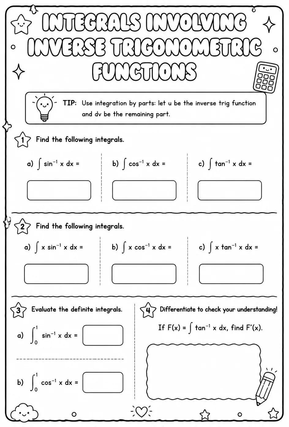 Integrals involving inverse trigonometric functions — free printable Calculus math worksheet
