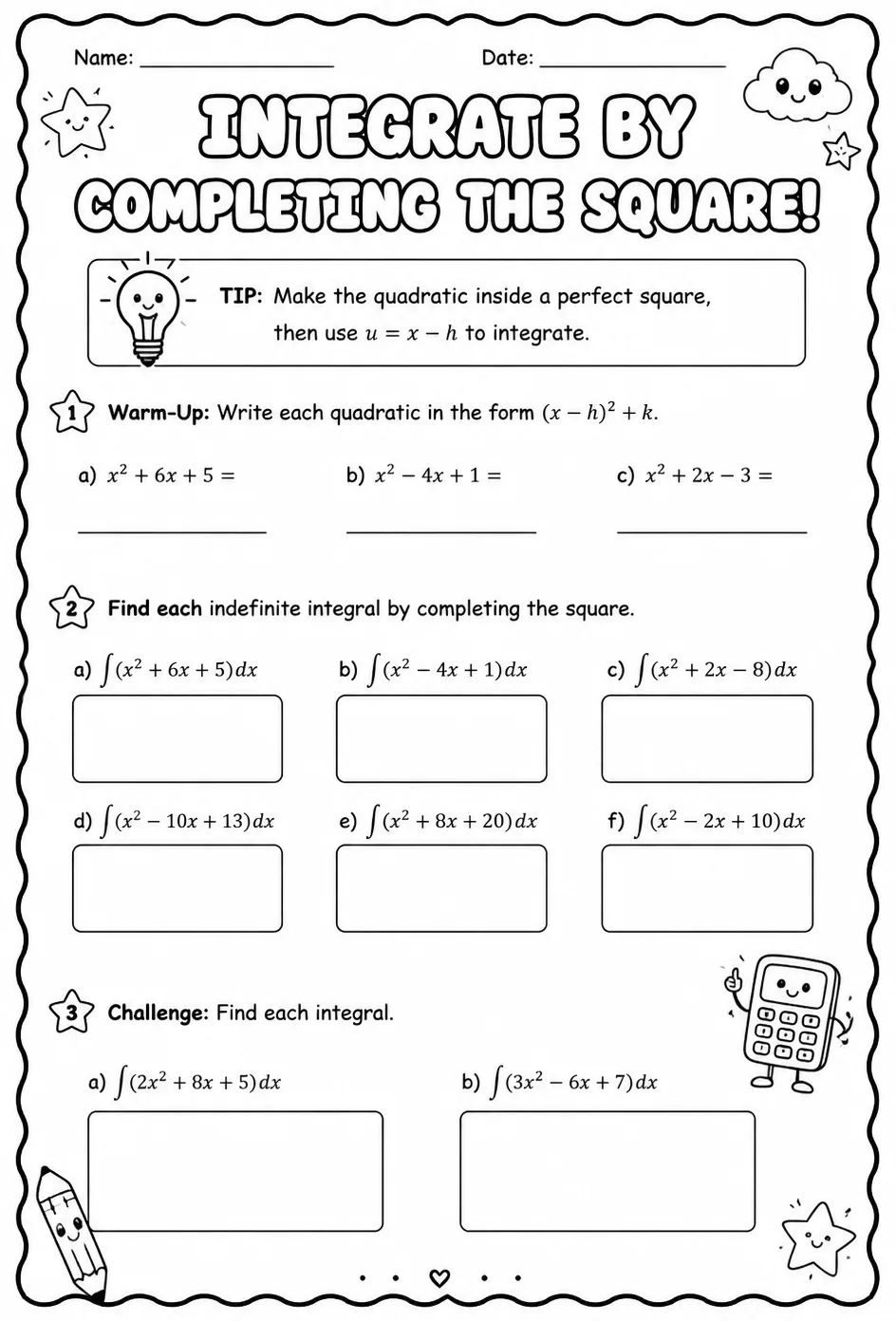 Integrate by completing the square — free printable Calculus math worksheet
