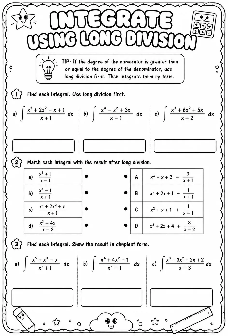 Integrate using long division — free printable Calculus math worksheet