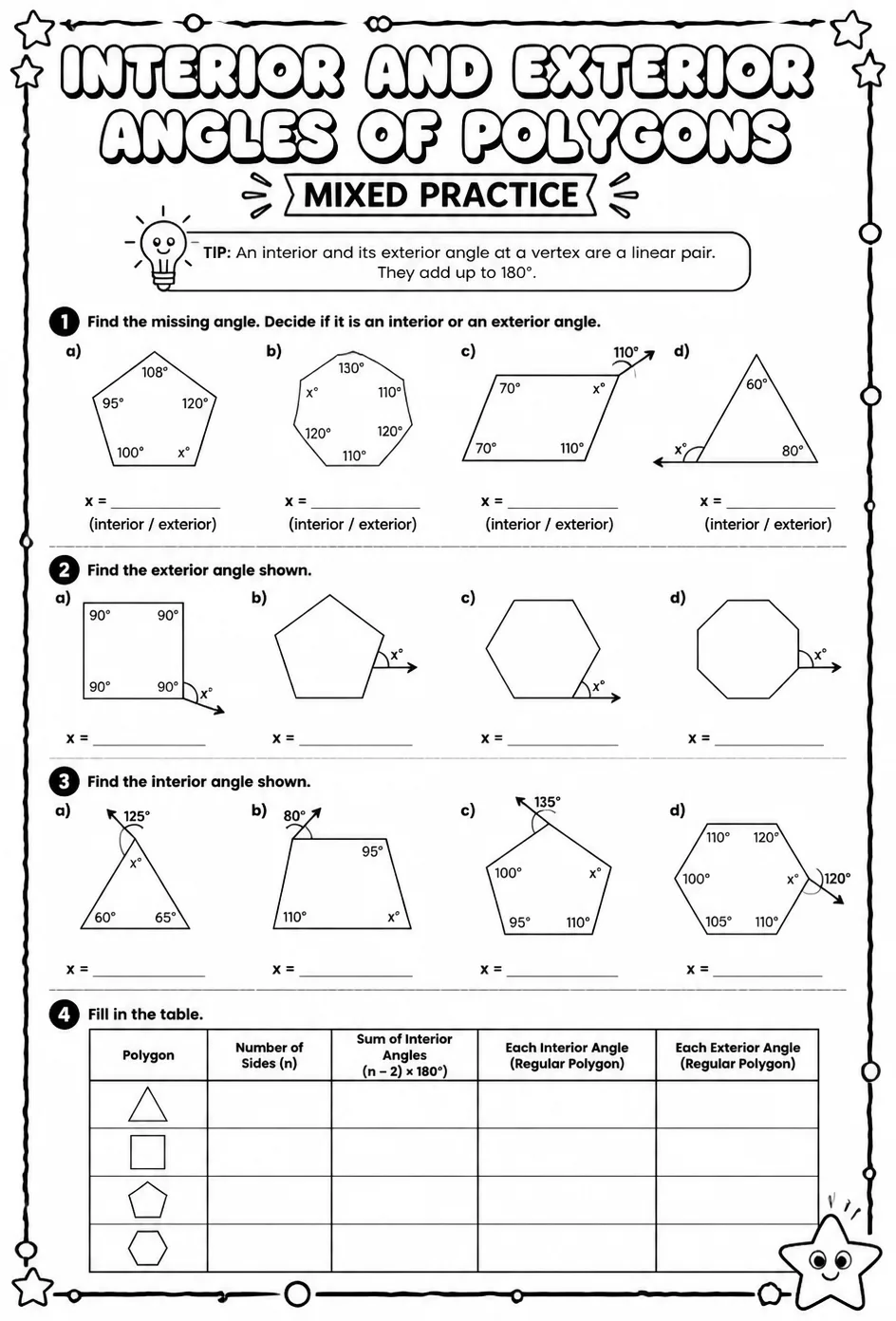 Interior and exterior angles of polygons: mixed practice — free printable Geometry math worksheet