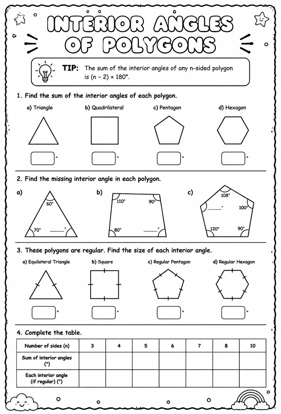 Interior angles of polygons — free printable Geometry math worksheet